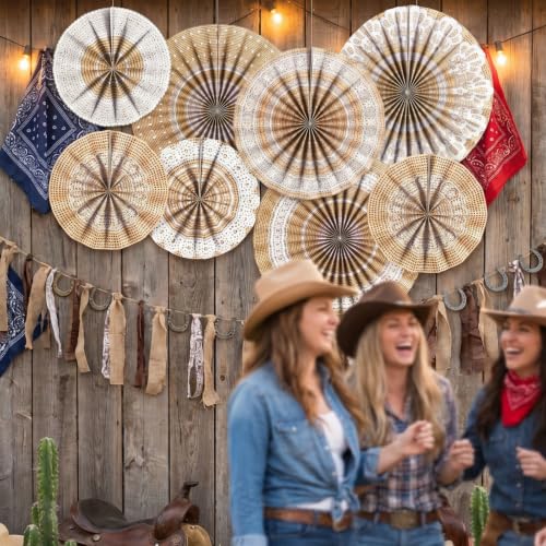Image of 18 Pack Burlap Hanging Paper Fans Decorations, Vintage Folding Paper Fan Set with 9 Rustic Designs for Classroom Bulletin Board, Back to School, Birthday, Baby Shower, Western Party Decor