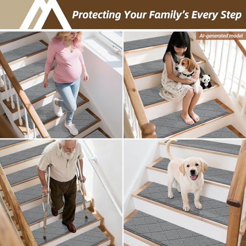 Image of COSY HOMEER Stair Treads for Wooden Steps 9 inchx28 inch Washable Indoor Carpet Stair Treads Non Slip Soft Polyester Stair Carpet Tread Reusable Stair Runner Rugs for Kids, Elders,Pets,Medium Grey,7pcs