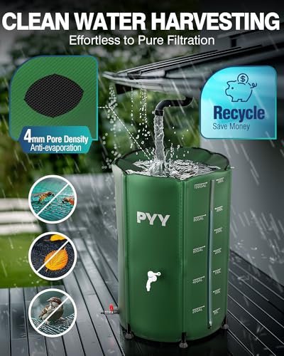 PYY Rain Water Collection Barrel - 100 Gallon Green Large Water Storage Tank with Spigots, Portable Rain Catcher to Collect Rainwater from Gutter, Plastic Rain Catchment System with Collapsible Bucket