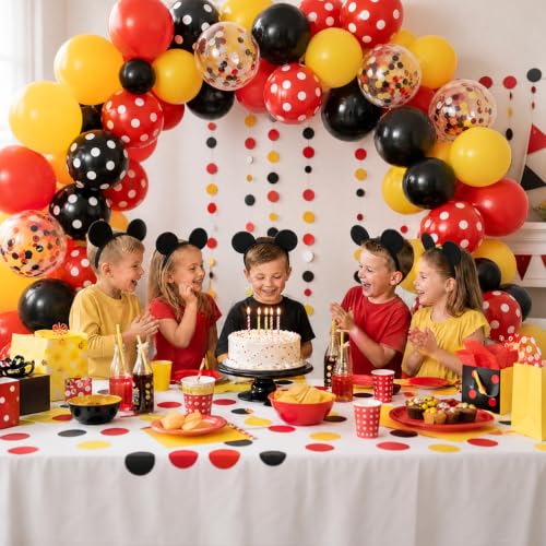 Image of TONIFUL 100 Pack Red Black Yellow Balloons - Classic Cartoon Colors Confetti Polka Dot Latex Balloon for Birthday Retro Baby Shower Mouse Themed Party Decorations