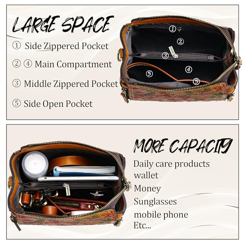Image of Women Genuine Leather Handbags, Organizer Retro Vegetable Tanning Leather Satchel Vintage Embossing Shoulder Bag Brown