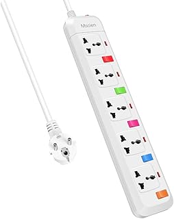 Mscien Travel Extension Lead,Individual Switched UK To EU 5 Way Power Strip With 1.8M Extension Cord(White/10A/2500W)¡­