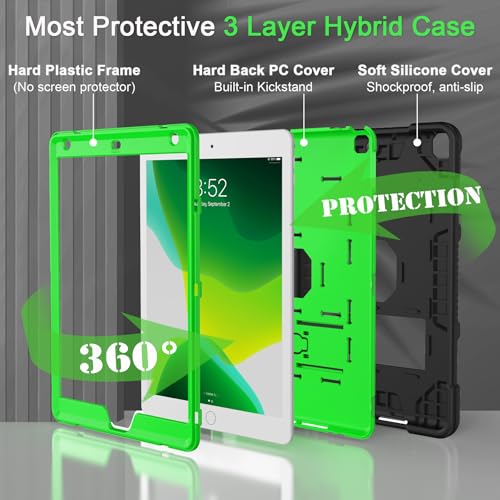 Image of TIMISM Case for iPad 9th /8th /7th Gen (2021 /2020 /2019), Black+Green | Built-in Stand, Heavy Duty Shockproof Rugged Protective iPad 10.2 inch Cover