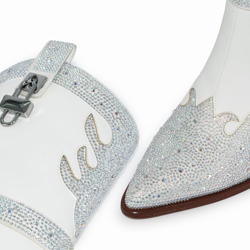 Sparkle Rhinestone Cowboy Boots for Women Mid Calf Western Wide Calf Short Cowgirl Boots Fashion Pointed Toe Glitter Bling Pull on Zipper Chunky Boots Retro Classic Wedding Party4