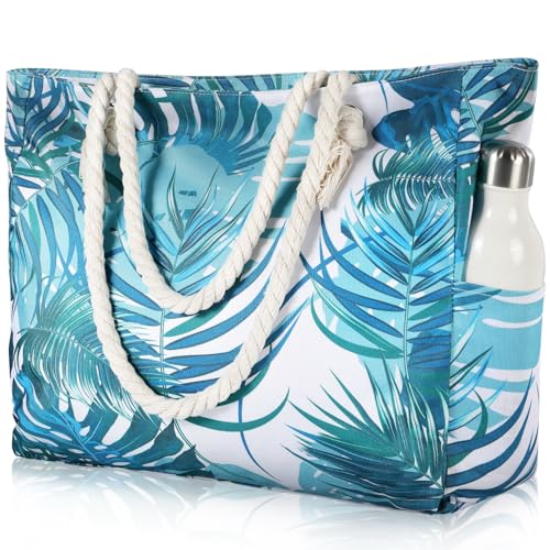 Bolsa de playa para mujer, bolsa de playa grande, impermeable, a prueba de arena con cremallera, bolsa grande para piscina, hojas verdes, Verde (Green leaves), Talla única