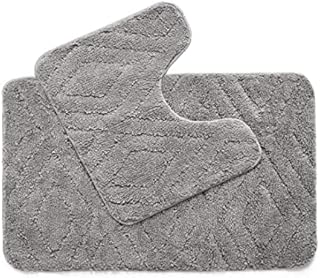 Penguin Home Microfiber Plush Soft Bath Mat Set of 2|Diamond - Grey||Rectangle and U Shaped Contour|Absorbent Washable Toilet Rug Bathroom Mat Sets 2 Piece Non Slip Latex Backing|50x80&50x40cm|