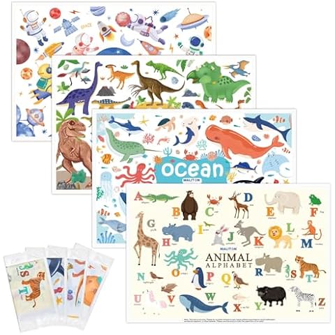 Disposable Placemats for Baby & Toddlers, Disposable Baby Placemats for Restaurants, Travel, Disposable Stick on Placemats with 4 Designs, Disposable Table Mats for Kids (Individual Package) Cover