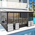 Domi 12x14FT All Season Sunroom, Outdoor Permanent Wall Mounted Solarium with Detachable Polycarbonate Windows, Aluminum Lean to Gazebo Sun Room with 2 Lockable Sliding Doors for Garden Patio Deck