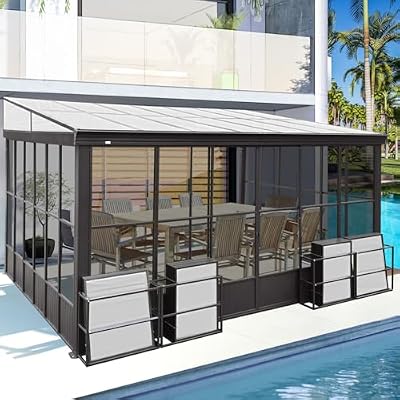 Domi 12x14FT All Season Sunroom, Outdoor Permanent Wall Mounted Solarium with Detachable Polycarbonate Windows, Aluminum Lean to Gazebo Sun Room with 2 Lockable Sliding Doors for Garden Patio Deck