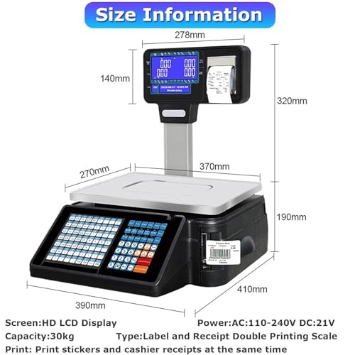 Commercial Digital Price Computing Scale with Thermal Label Printer, 6/15/30kg Capacity, Pole Display for Supermarkets, Efficient Label Printing & Counting Solution (Spanish, B)