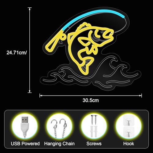 Image of Fishing Neon Sign for Wall Decor,Dimmable Fishing Hook Neon Light Up Signs for Yacht Man Cave Living Room Father's Gifts