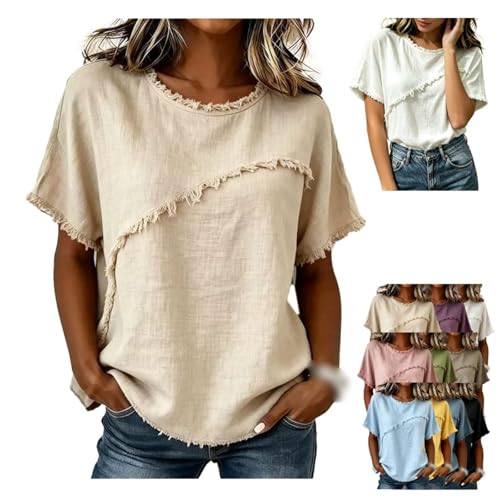 Blouse bohème à franges en gaze de lin, haut rétro col rond pour femme