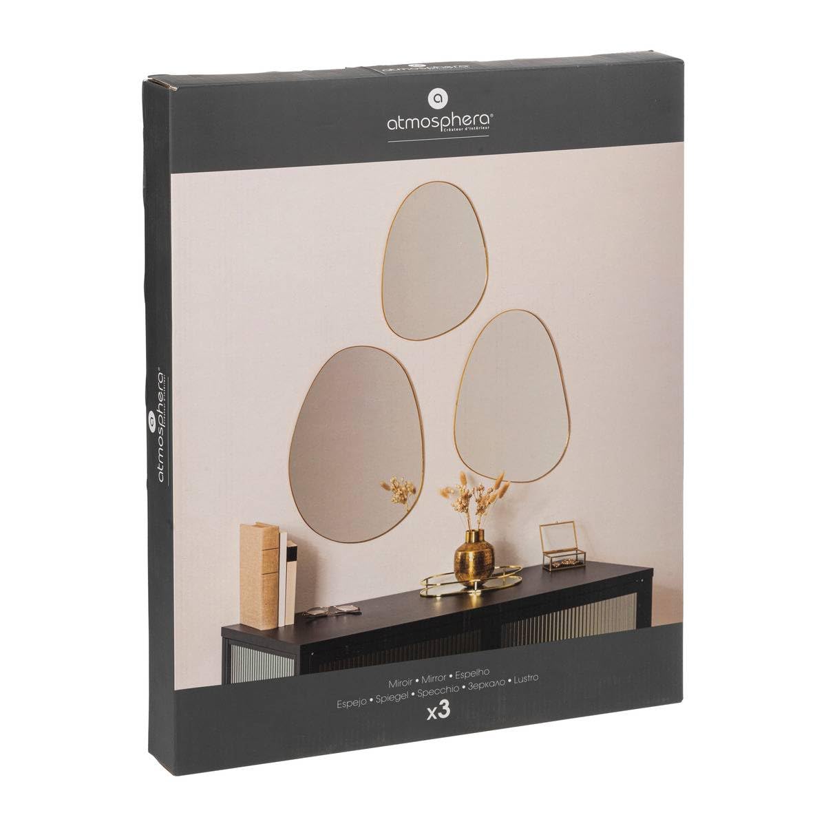 Atmosphera - Lot de 3 Miroirs Muraux LIDA Forme Organique, Doré, H 47 cm - Décoration pour Salon, Entrée, Chambre