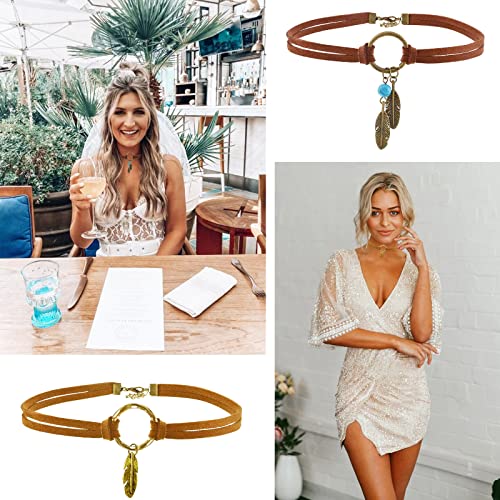 MJartoria Native American Bohemian Feather Charm Handmade PU Leather Choker Necklace2