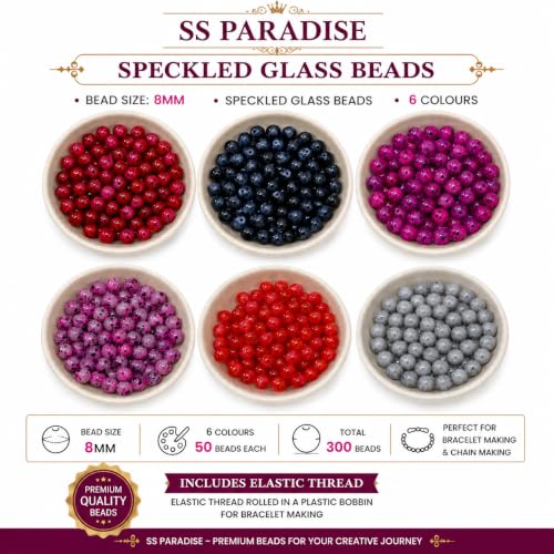 Image of SS Paradise 8mm Glass Beads (6 Colors 300 Pieces) for Jewellery Making | Round Loose Beads Strands for Necklace, (Speckled)