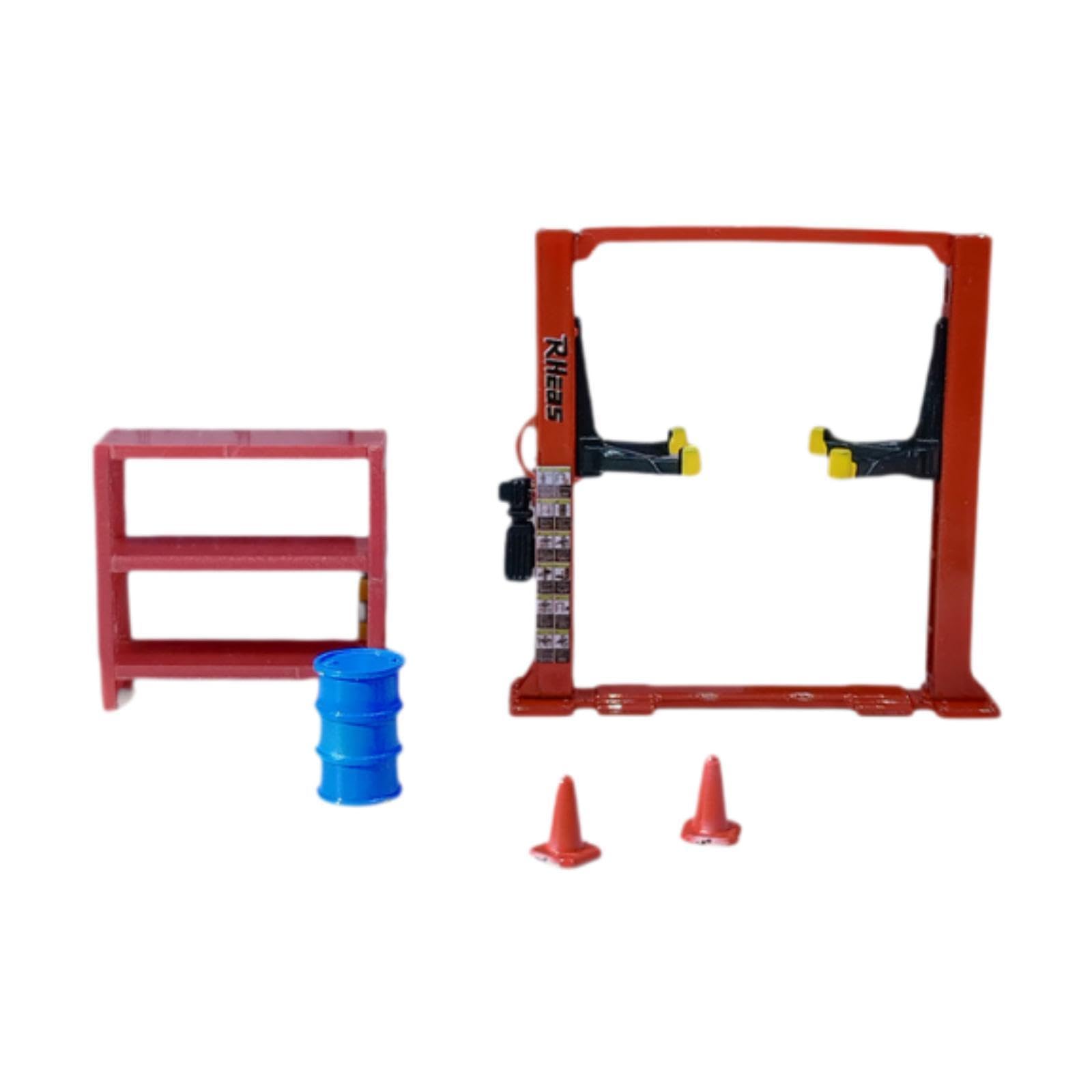 Colcolo 1/64 Scale Diorama Garage Accessories Auto Shop Container Traffic Cones Scene Model Furniture Model Workshop Maintenance Tool, Red Car Lift