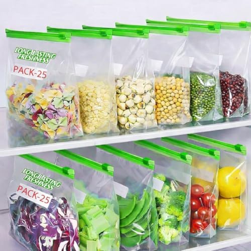 Image of Reusable Vegetable Storage Bags for Refrigerator 9x10 Inch - Zip Lock Fridge Storage Pouch for Fruits, Veggies & Herbs, Food Safe Reusable Bags for Kitchen Organization (25, Green) | Reusable