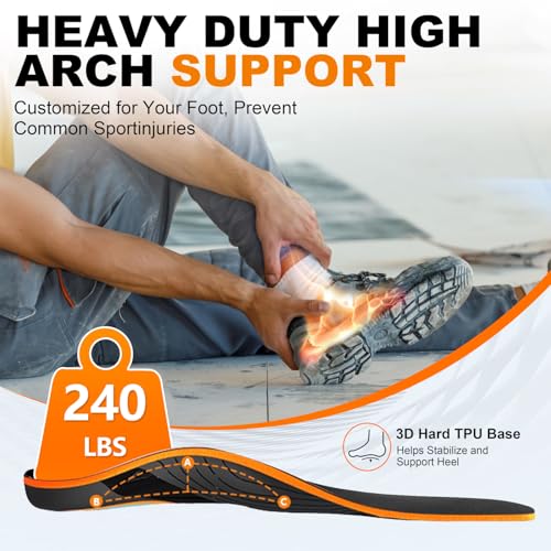 Heavy Duty Plantar Fasciitis Relief Orthotics,High Arch Support Insoles for Women Men, Flat Feet Orthotic Insert,240+lbs Work Boot Shock Absorbing Shoe Insole for Standing All Day,M