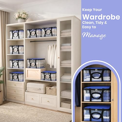 Image of Storite Nylon Wardrobe Bag Underbed Moisture Proof Cloth Storage Organizer, Storage box for Clothes Saree Bags with Zippered Closure & Handle Square - (37x34 x23 cm,Blue)
