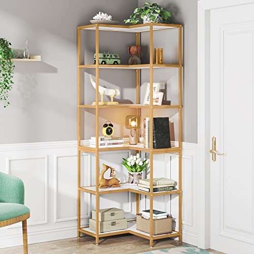 Tribesigns 6-Shelf Corner Bookshelf, 70.9" Tall L-Shaped Corner Bookcase Large Etagere Book Shelving Unit Corner Shelves Stand Storage Display Rack With Metal Frame For Living Room Office, White Gold #TOP2
