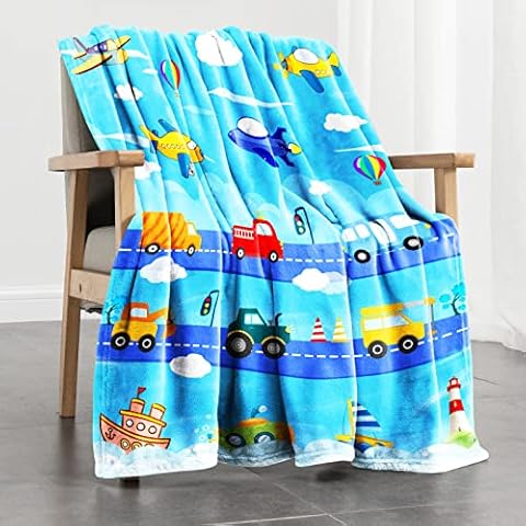 WISH TREE Toddler Blankets for Boys, Kids Fleece Throw Blanket with Car Airplane Construction Truck Yacht Pattern for Daycare/Nap/Travel - 40x50 Inches (Vehicles) Cover