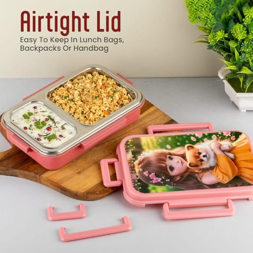 Image of 2 Compartment Stainless Steel Lunch Box with Theme Design | Insulated BPA Free Leakproof Tiffin Box with Locking Lid & Steam Valve for Kids & Adults (Design As Per Availability)