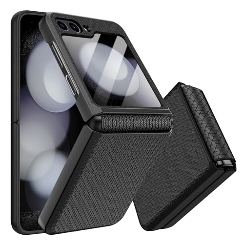 Giyer Handyhülle für Samsung Galaxy Z Flip 5 Hülle mit Displayschutzfolie Scharnierschutz Rutschfester Textur Hard PC Rugged Stoßfest Schutzhülle für Samsung Z Flip 5 5G Flip Case Cover (Schwarz)