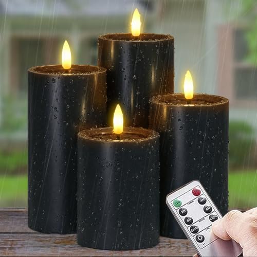 Image of Yeelida Outdoor Halloween 4pcs Flameless Waterproof Candles with Handy Remote Control, Cycle Timer Battery Operated Candle Grease LED Flickering Pillar Plastic Long Lasting (Black, 3 inch x4 inch 5 inch 6 inch 7 inch)