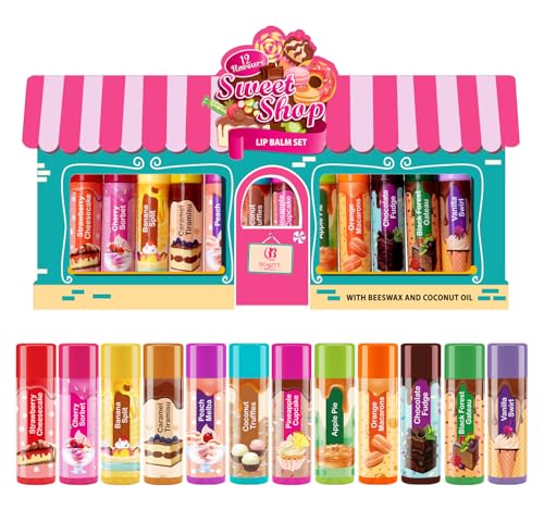 Set di 12 balsami per labbra per bambini con cera d'api e olio di cocco incolori per ragazze e ragazzi (1 unità (Confezione da 12), Sweet Shop)