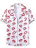 WDIRARA Men's Button Up Short Sleeve Beachwear Striped Pocket Hawaiian Shirt Collar Top Shirts Red Lip White S