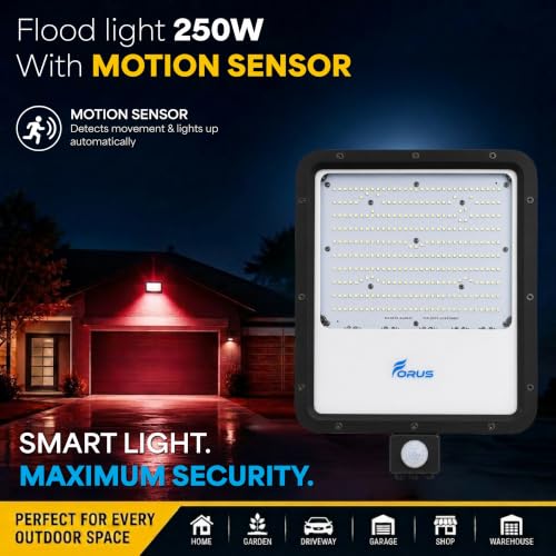 Image of Forus 250W LED Flood Light Red with Motion Sensor Auto On Off Day Night Mode Waterproof Outdoor Security Light for Garden Parking Garage Factory Warehouse Shop High Bright Floodlight 4Yr Warranty-1Pc