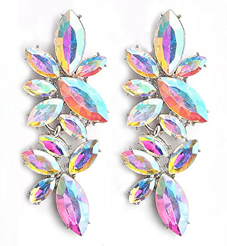 RGY Iridescent Rhinestone Earrings for Prom, Sparkling Bridal Cluster Drop Dangle Stud Earrings, AB Crystal Pageant