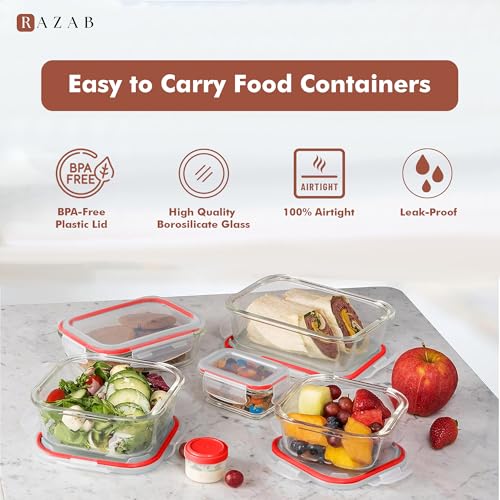 Image of Razab 35 Pc Set Glass Food Storage Containers with Lids - Meal Prep Airtight Bento Boxes BPA-Free 100% Leak Proof (15 lids,15 glass & 5 Plastic Sauce /Dip Containers)