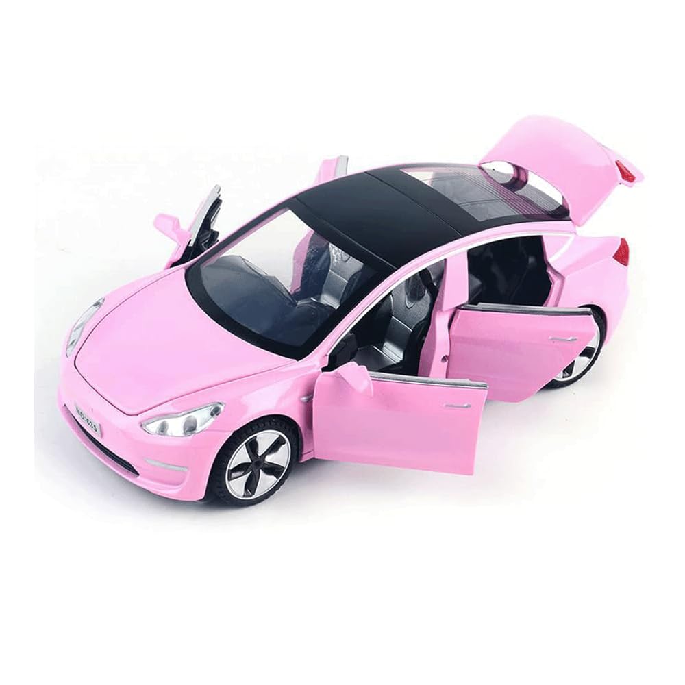 chengchuang 1:32 Scale Model 3 Car Toy Pull Back with Sound and Light, Alloy Diecast Mini Vehicles Toys for Kids Gift or Tesla Car Model Collection Enthusiasts Gift (Lovely Pink)