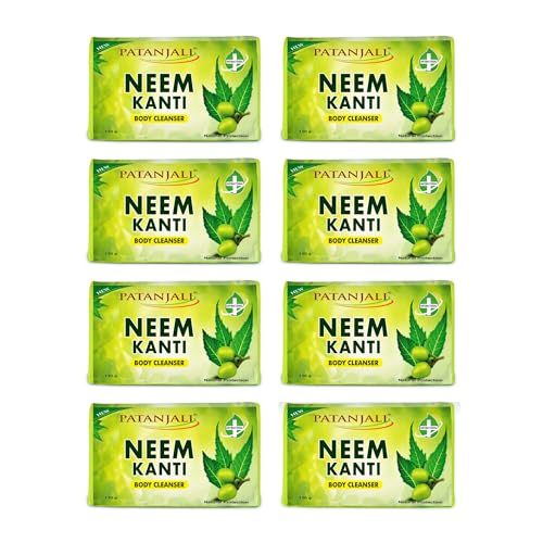 Image of Patanjali Neem Kanti Herbal Body Cleanser Soap for Men and Women (150g, Pack of 8), Moisturizing & Deep Cleansing, Natural Neem Soap for Dry Skin
