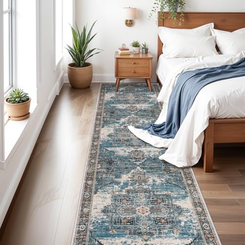 RUUGME Washable 3x14 Runner Rugs - Living Room Large Boho Rugs for Stain Resistant Carpet Vintage Tribal Rugs for Bedroom Kitchen Non Slip Backing Home Decor Floor Decoration Mat 3x14 Blue