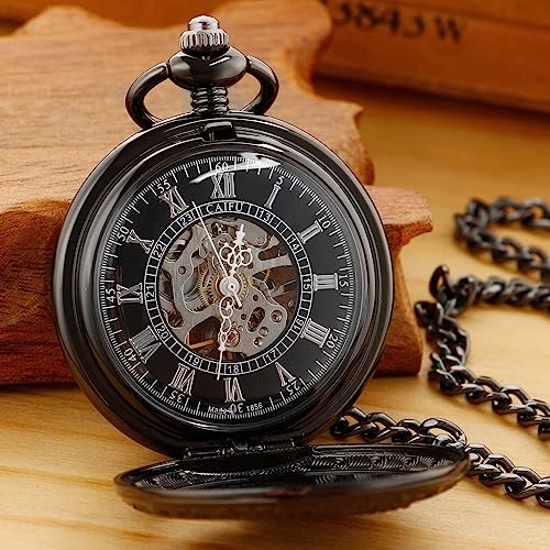 Image of Men's Black Arabic Numerals Mechanical Pocket Watch with Chain,Mechanical Pocket Watches for Men