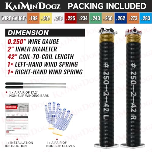 KaiMinDogz Pair of 2" Garage Door Torsion Springs Set with Non-Slip Winding Bar & Gloves,High Precision Electrophoresis Black Coated, for Replacement & Installation, MIN 16,000 Cycles (0.250x2''x42'') by KaiMinDogz - Used condition - Image 2