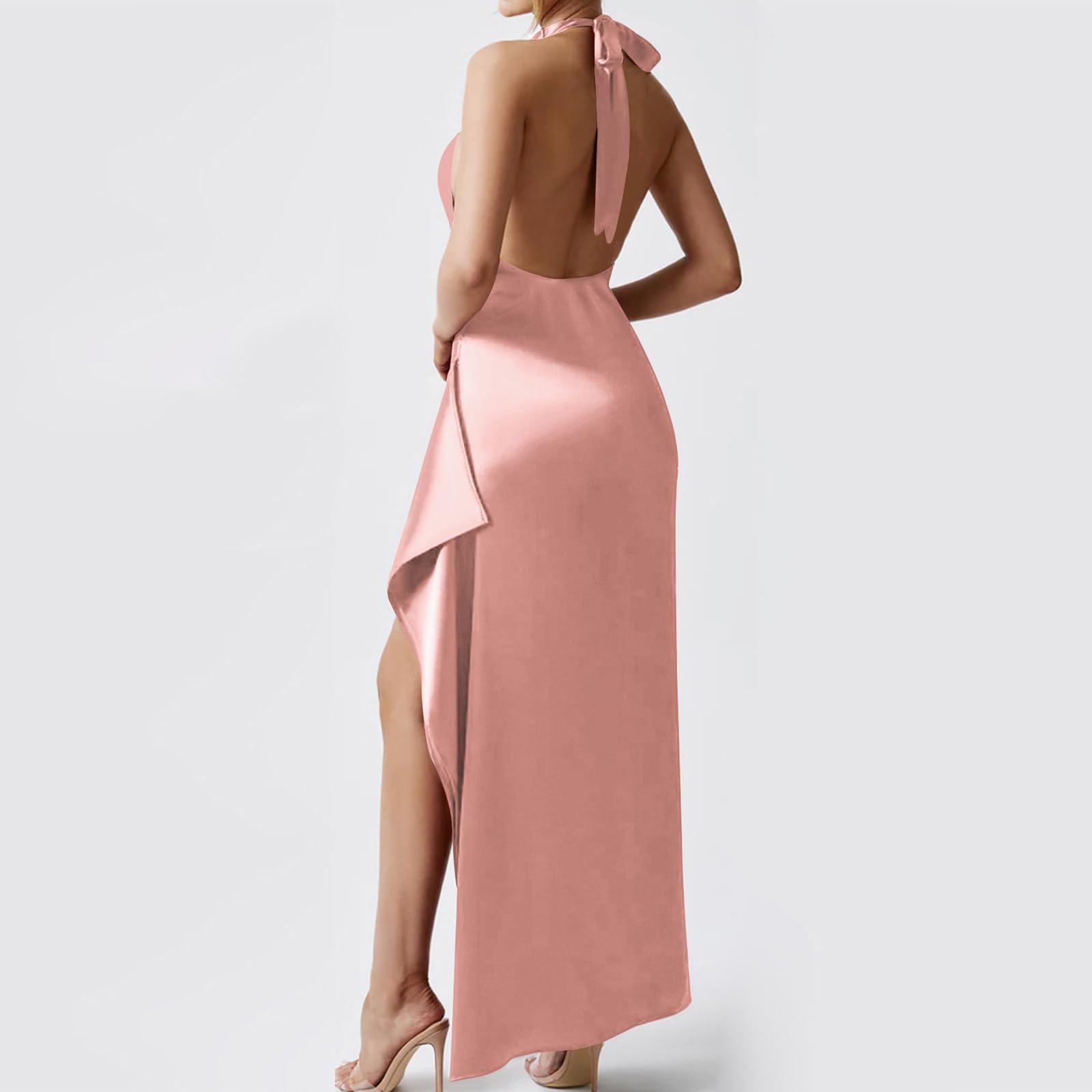 Robe Femme Sexy Longue Robes Maxi Dos Nu Fendue en Satin Robe de Soirée sans Manches Col Halter Chic Et Elégant Robes de Cocktail Party Demoiselle d'honneur