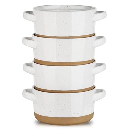 HVH Soup Bowls With Handles Microwave Safe, Ceramic Soup Bowl Set of 4, 24 Oz Big Soup Bowl for Soup, Cereal, Chill, Beef Stew, French Onion Soup Bowls Farmhouse Style (White)