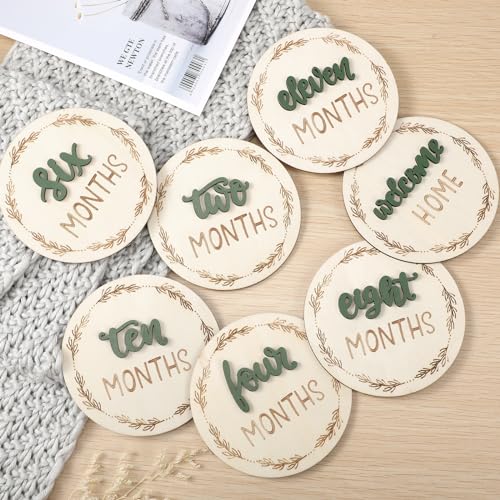 Image of 7 Pack Baby Monthly Milestone Cards Sign, Double Sided Baby Milestone Signs Wooden Marker Discs for 1-12 Months Baby Milestone Pictures Baby Shower Gifts
