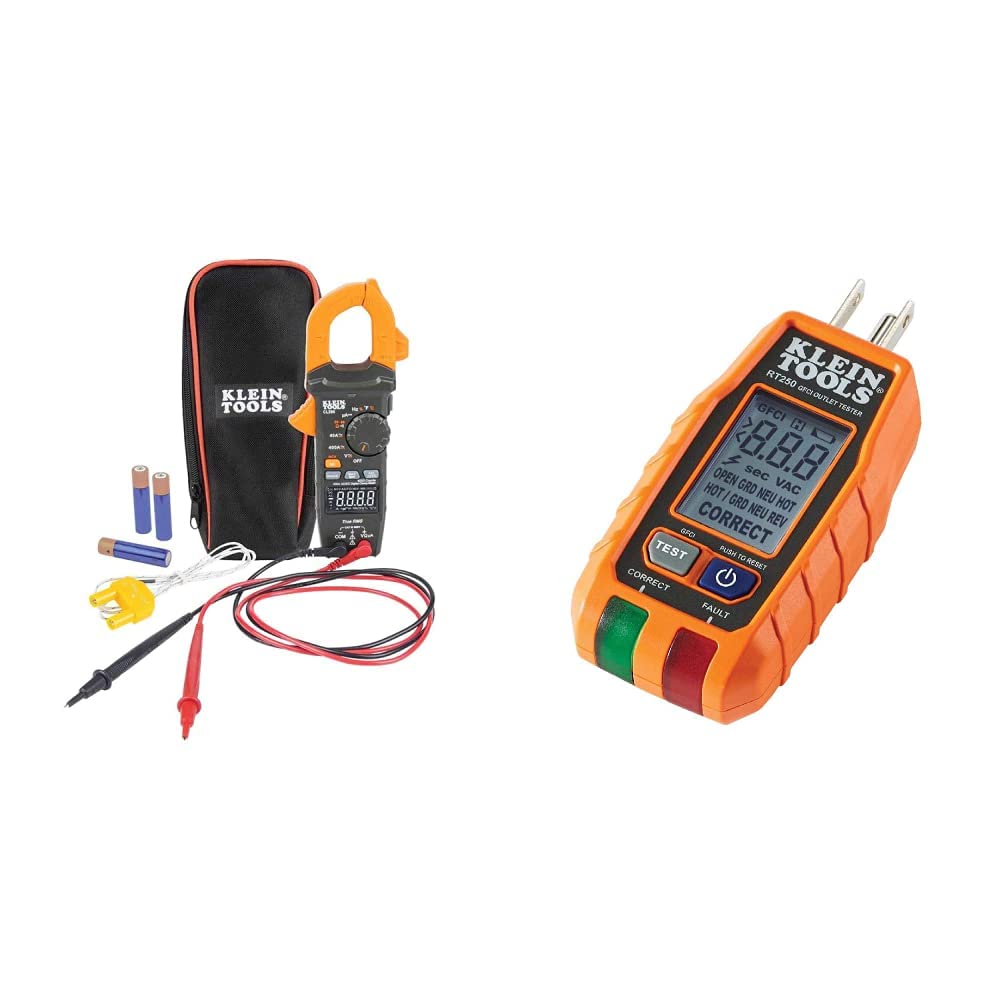 Klein Tools CL390 Digital Clamp Meter, Reverse Contrast Display, Auto Ranging 400A AC/DC, AC/DC Voltage,TRMS, DC Microamps, Temp, NCVT, More & RT250 GFCI Receptacle Tester