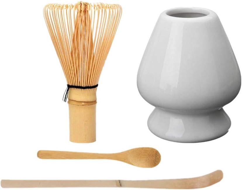 Japanese Matcha Tool Set Bamboo Scoop,Bamboo Spoon,Bamboo Whisk,Ceramic Whisk Holder Fit for Tea Ceremony Use (White)