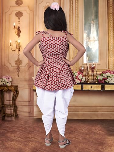 Image of Girls Ethnic Printed Peplum Top and White Dhoti Pant Set | Stylish Sleeveless Kurti with Comfortable Bottom | Traditional Festive Outfit for Kids