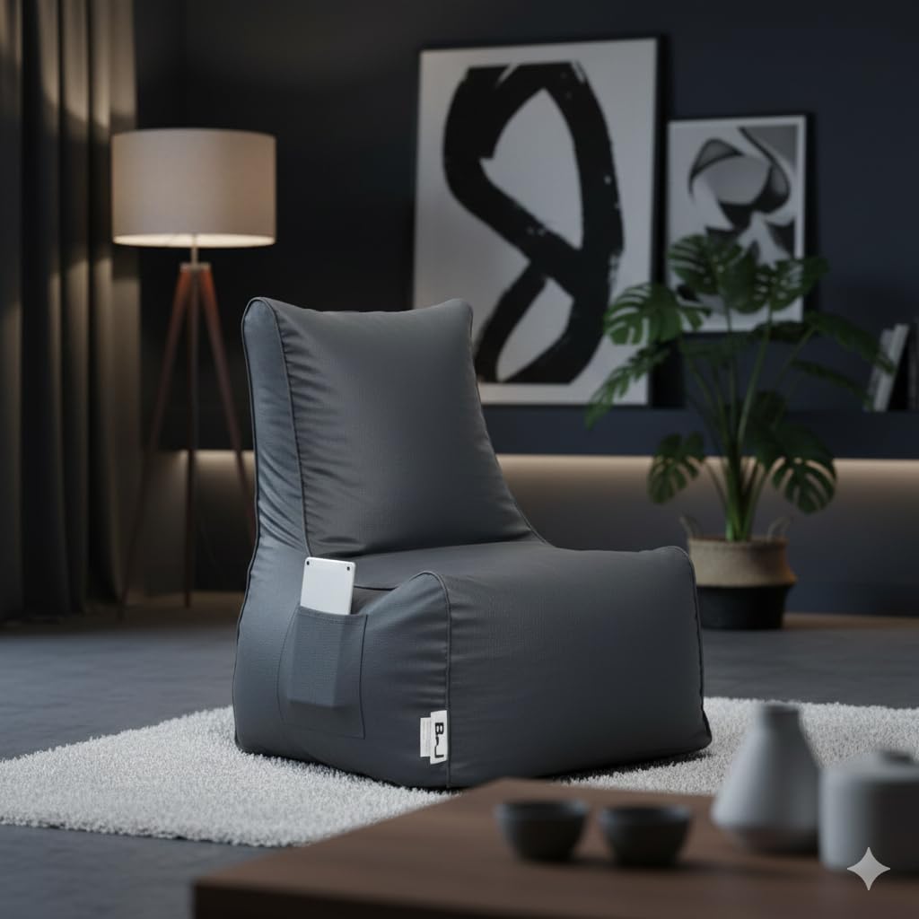 BJ ALUMINIUM Bean Bag Chair for Adults & Kids | High Back Support, Leatherette Bean Bag with Mobile Pocket |Seating for Living Room, (Cover Only Without Bea (Black, 5XL, Bean Bag) 4