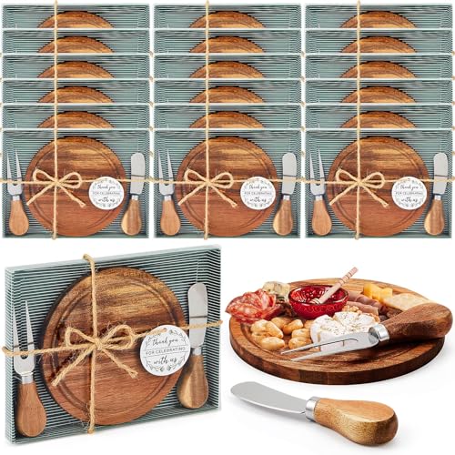Maxcheck 18 Sets Baby Shower Bridal Game Prizes for Winners Round Cheese Board Set Wood Mini Charcuterie Board with Knives and Forks Thank You Card with Gift Box for Guests Wedding (Acacia)