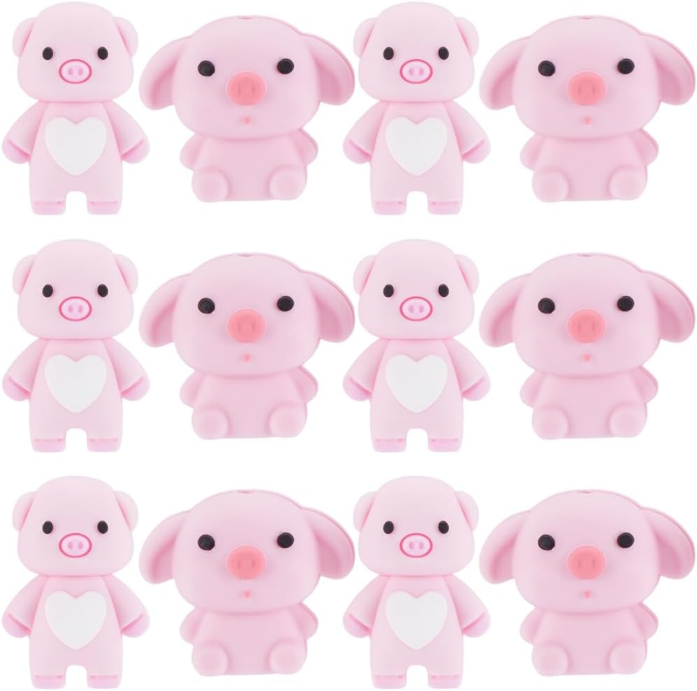 12Pcs 2 Styles Pink Pig Beads Silicone Pig Bead Bulk Soft Rubber Focal 3D Cartoon Animals Shaped Small Loose Charms Spacers for Jewelry Making Bracelets Necklaces Keychain Pens DIY Crafts