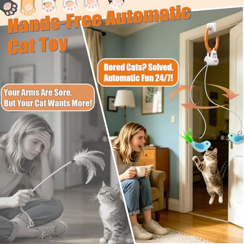 Image of Interactive Cat Toys for Indoor Cats, Automatic Flying Bird Feather Wand Toy for Chase Exercise Enrichment, Rechargeable Durable Safe Hanging Cat Toy for Bored Kittens & Adult Cats