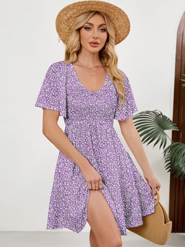 Image of UEAL Womens Cute Floral Smocked V Neck Flutter Sleeve Sundress with Pockets Casual Spring Summer Dresses for Women 2026