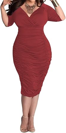 Yajedo Womens Plus Size Bodycon Sexy V Neck Short Sleeve Ruched Cocktail Midi Dresses